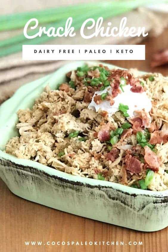 vertical image of upclose shot of crack chicken in casserole dish