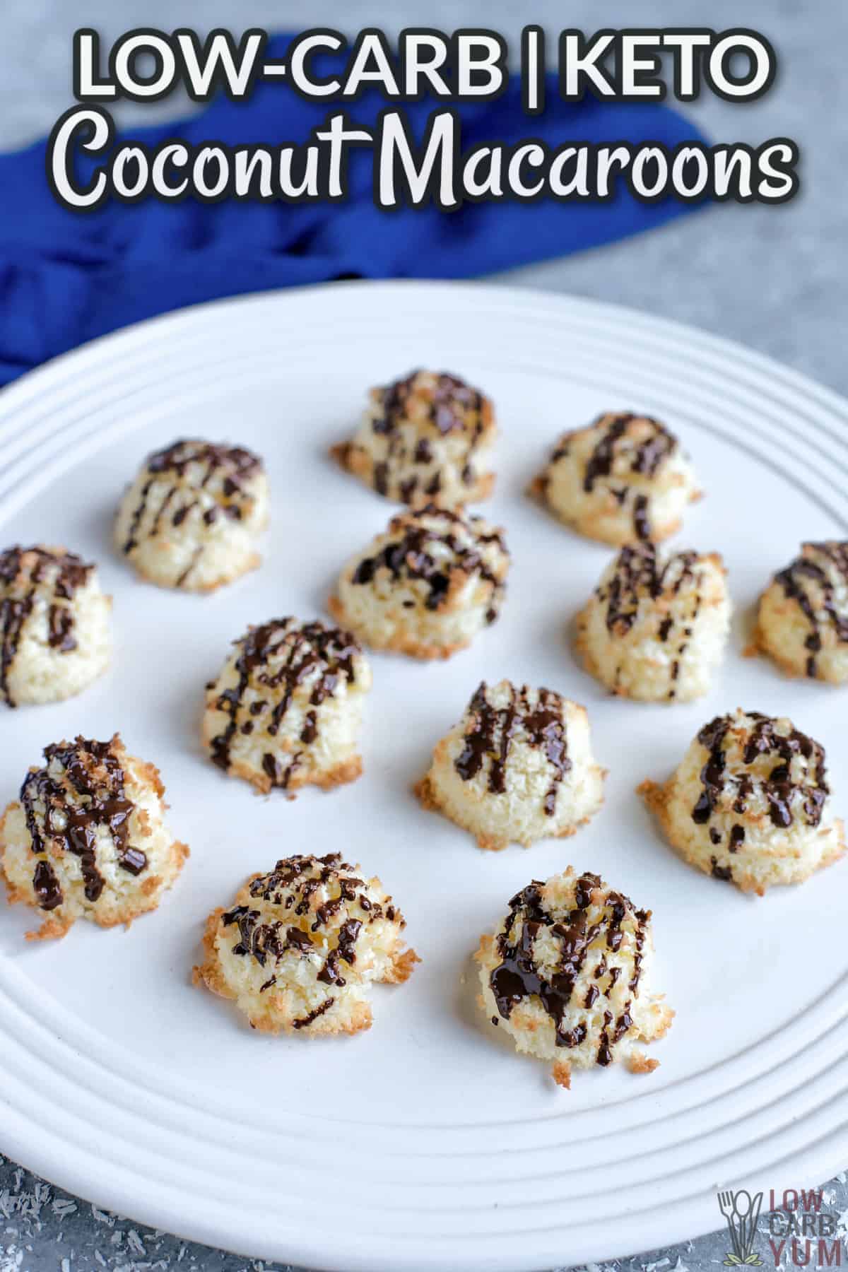 keto coconut macaroons on round platter with text overlay.