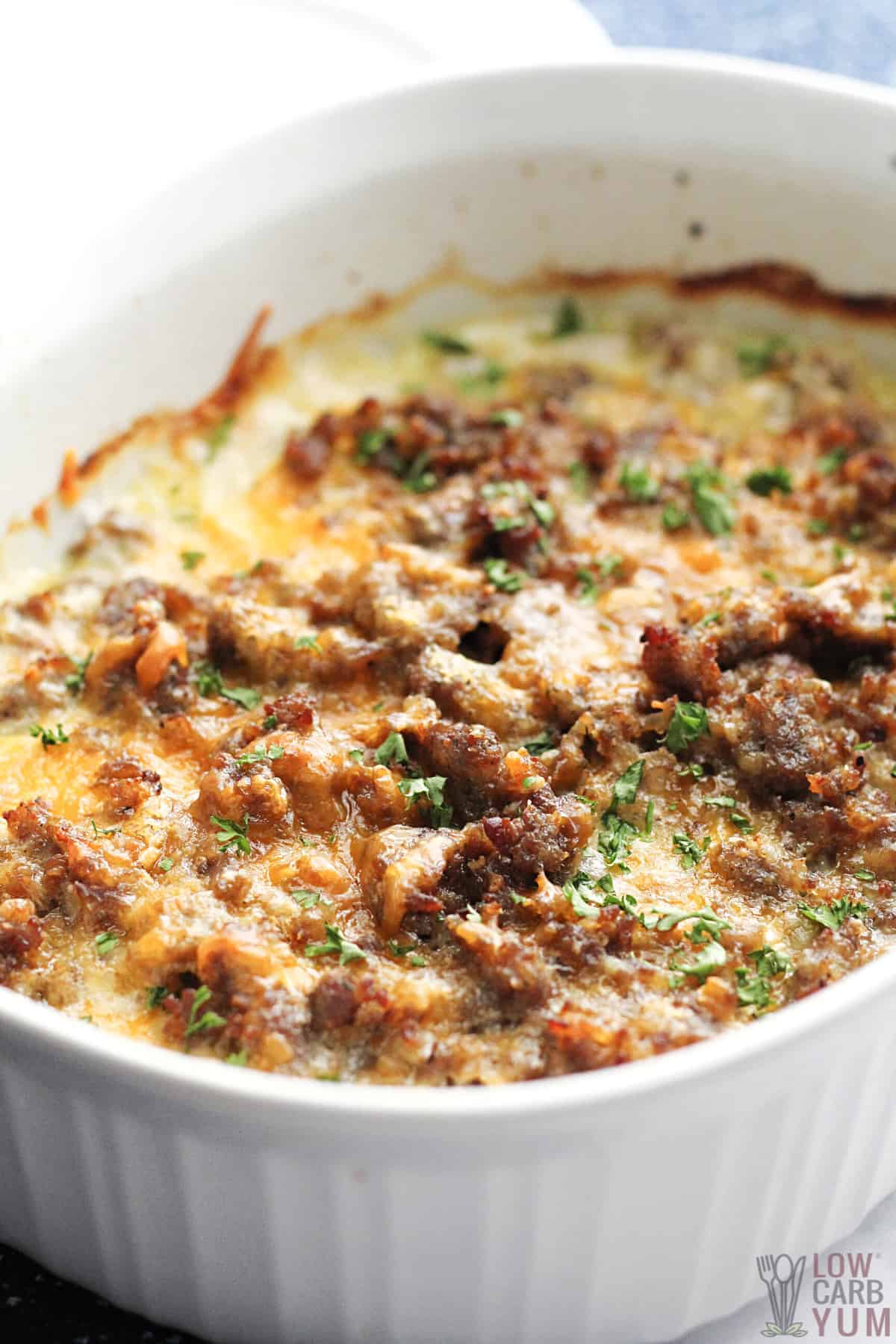 keto sausage casserole in baking dish.