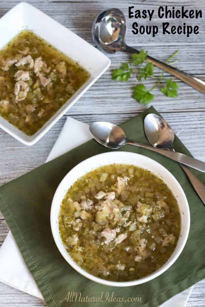 vertical image of low carb keto paleo chicken soup recipe in bowl