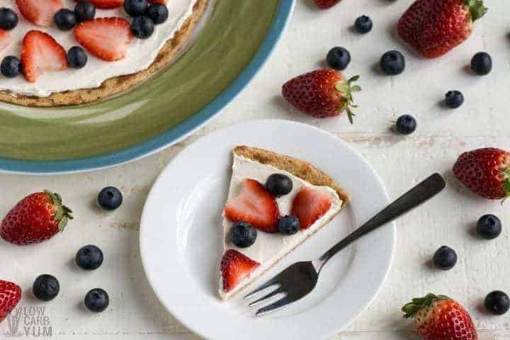 Slice of low carb cream cheese fruit pizza