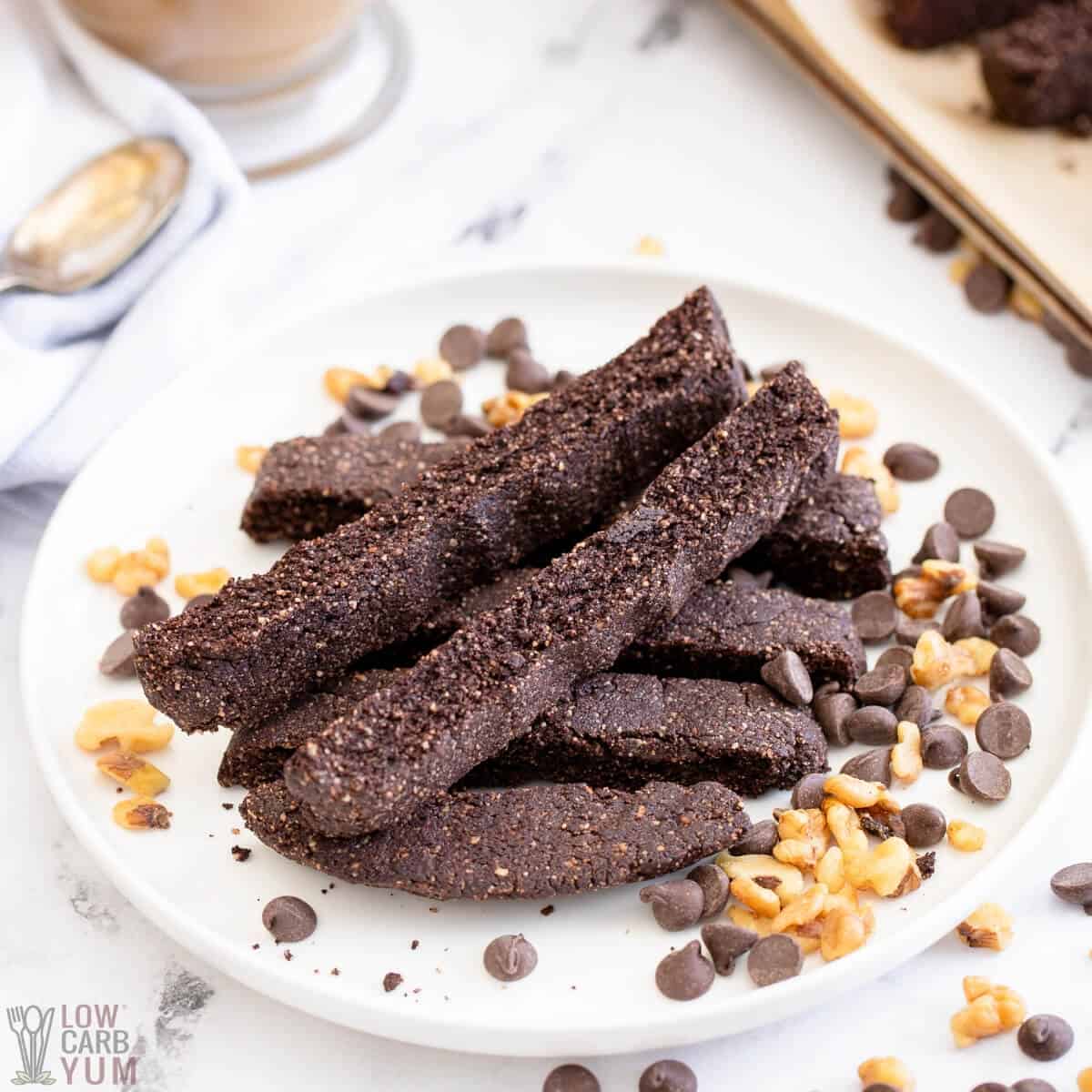 chocolate biscotti on plate with chocolate chips and nuts