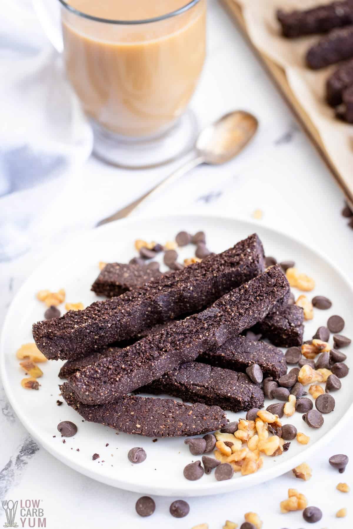 serving chocolate biscotti with coffee and chocolate chips