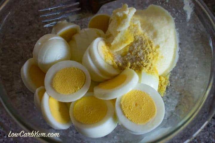 sliced hard cooked eggs with seasoning
