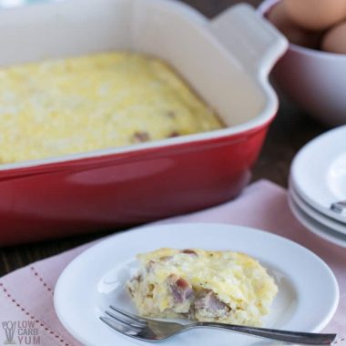 breakfast casserole with ham in pan and on plate