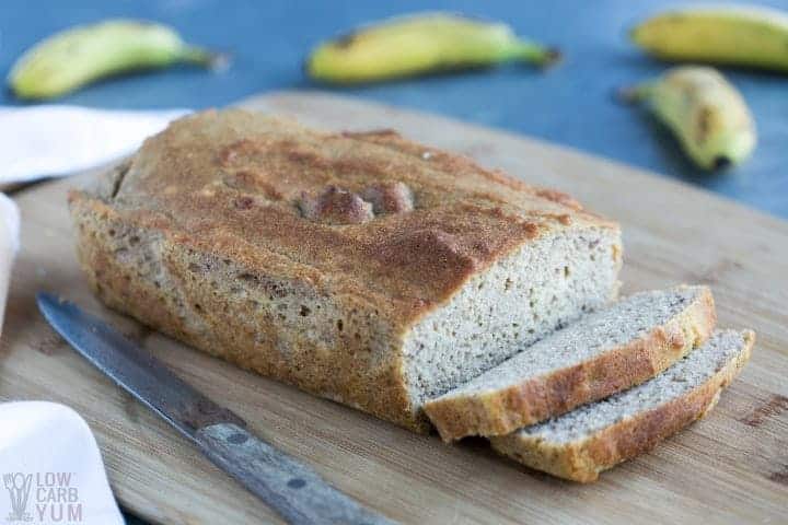 Sliced loaf of banana bread made with coconut flour