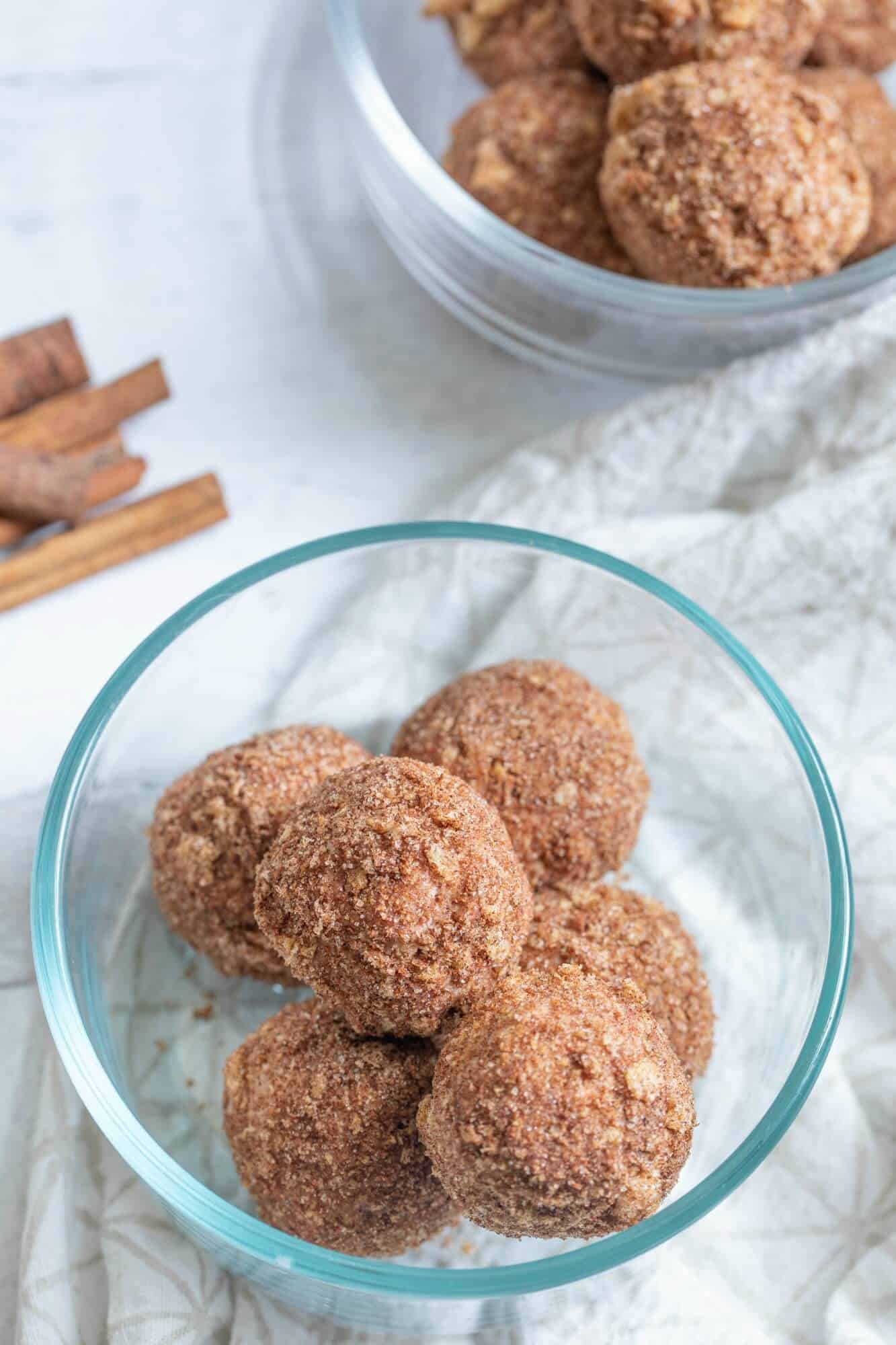 crispy churro fat bombs in glass bowls