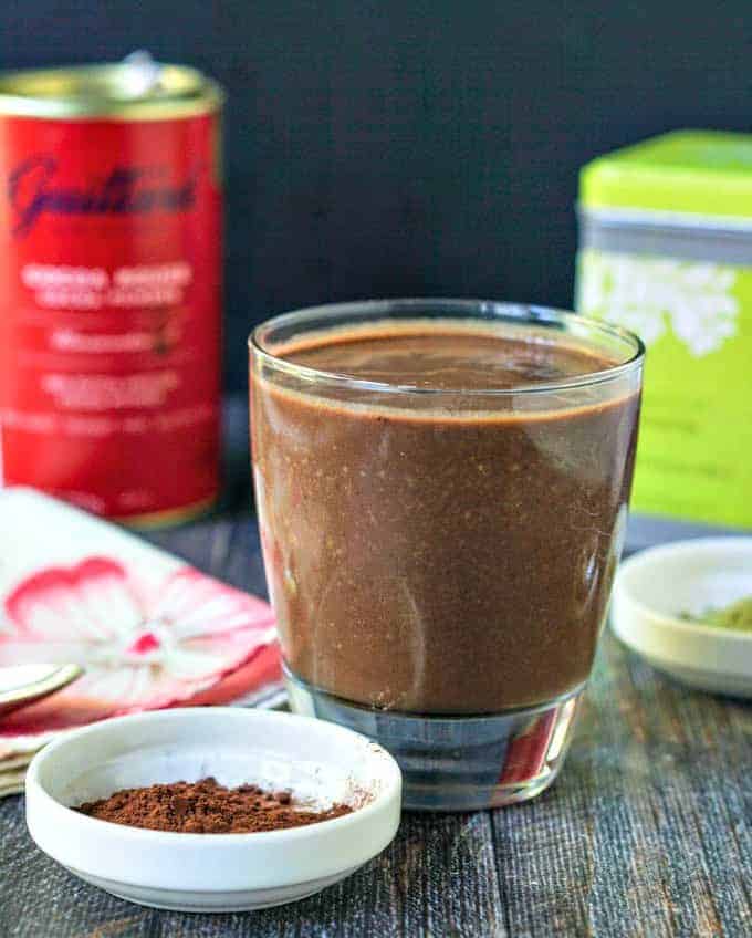 dark chocolate protein smoothie in short glass