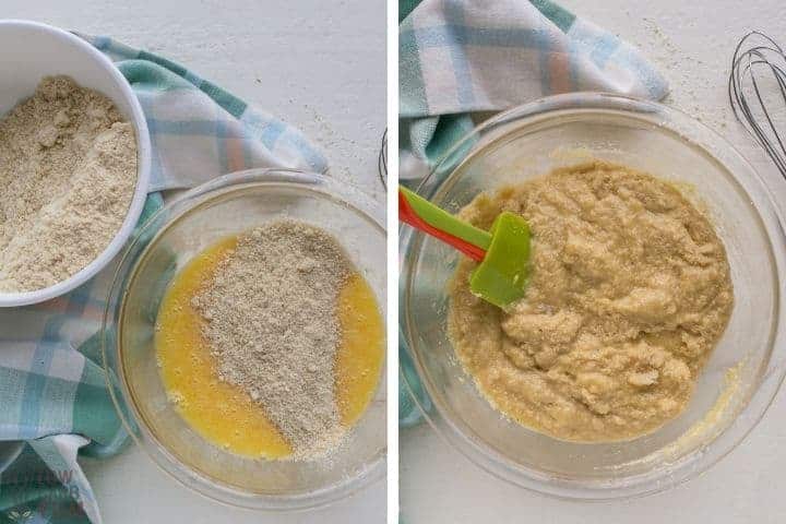 mixing dry almond flour bread ingredients into wet