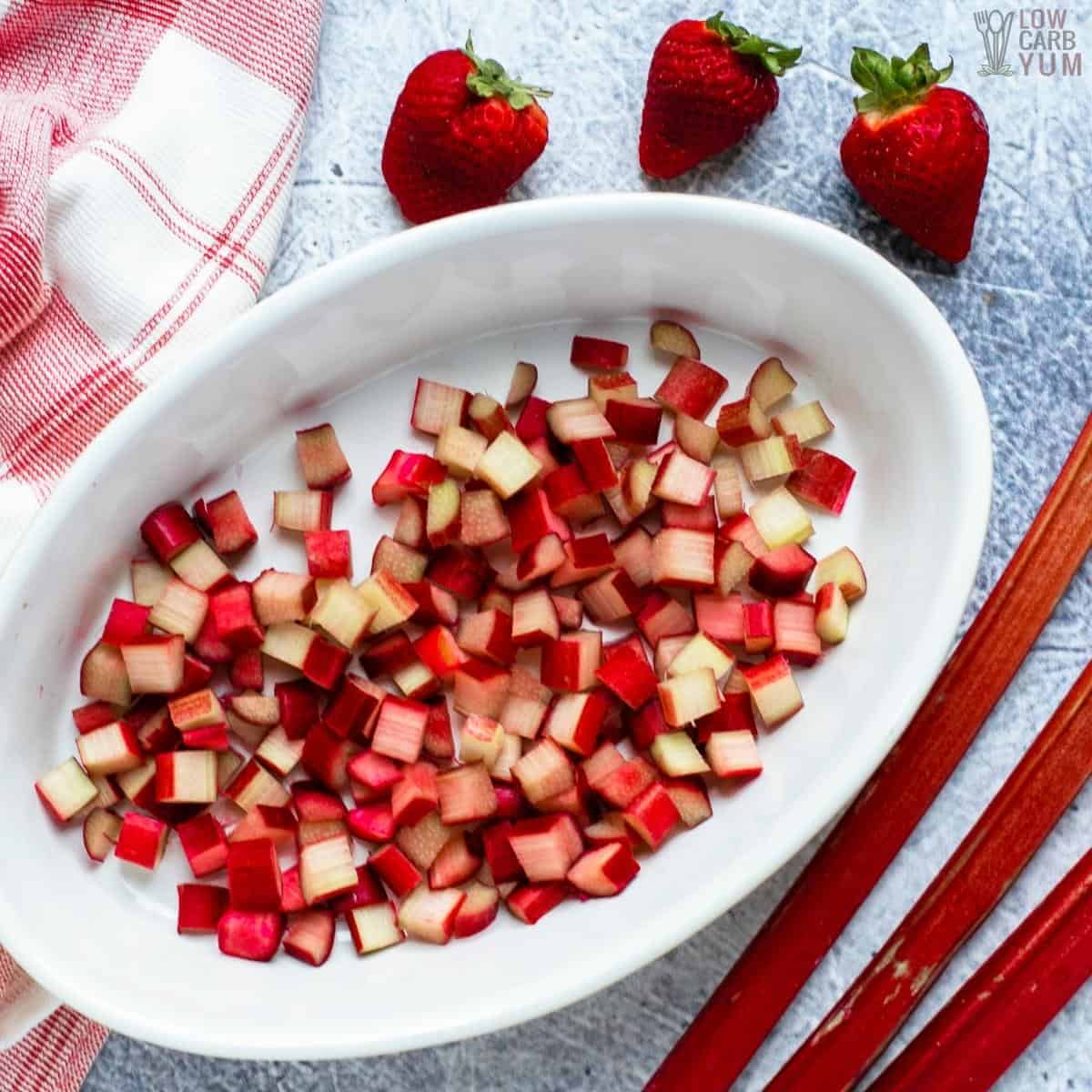 diced rhubarb in oval baking dish.