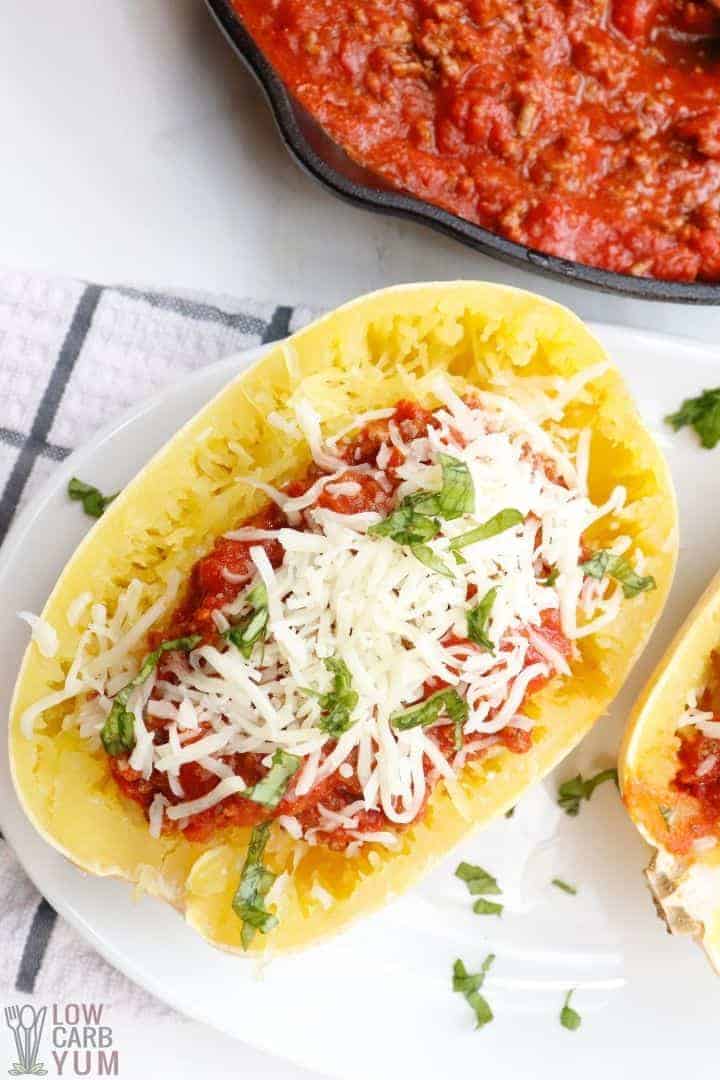 half of spaghetti squash with marinara and mozzarella