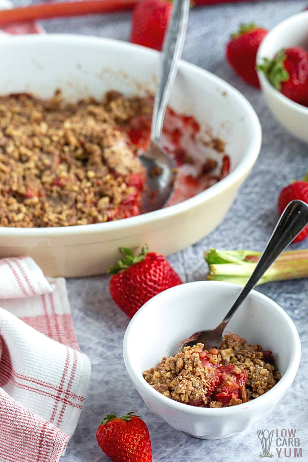 spoons in strawberry rhubarb baking dish and small bowl.