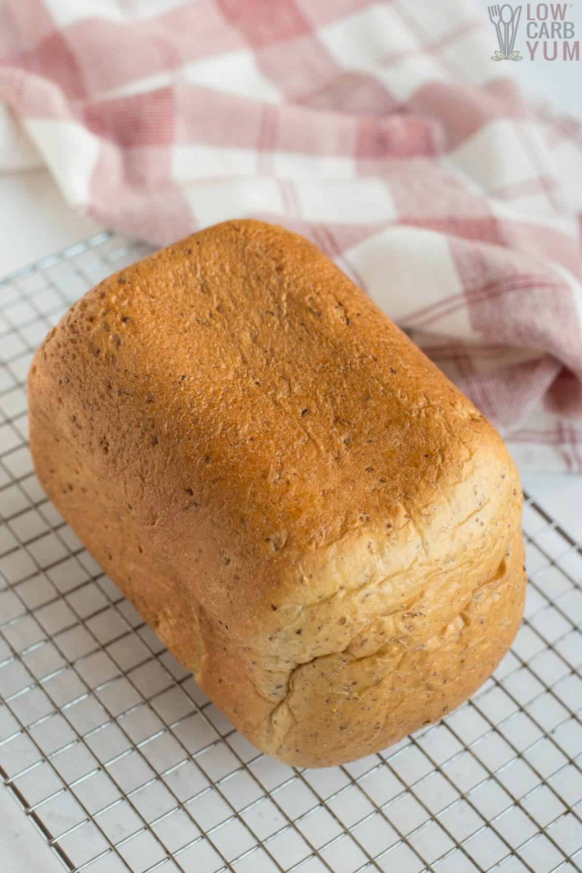keto bread machine loaf on rack
