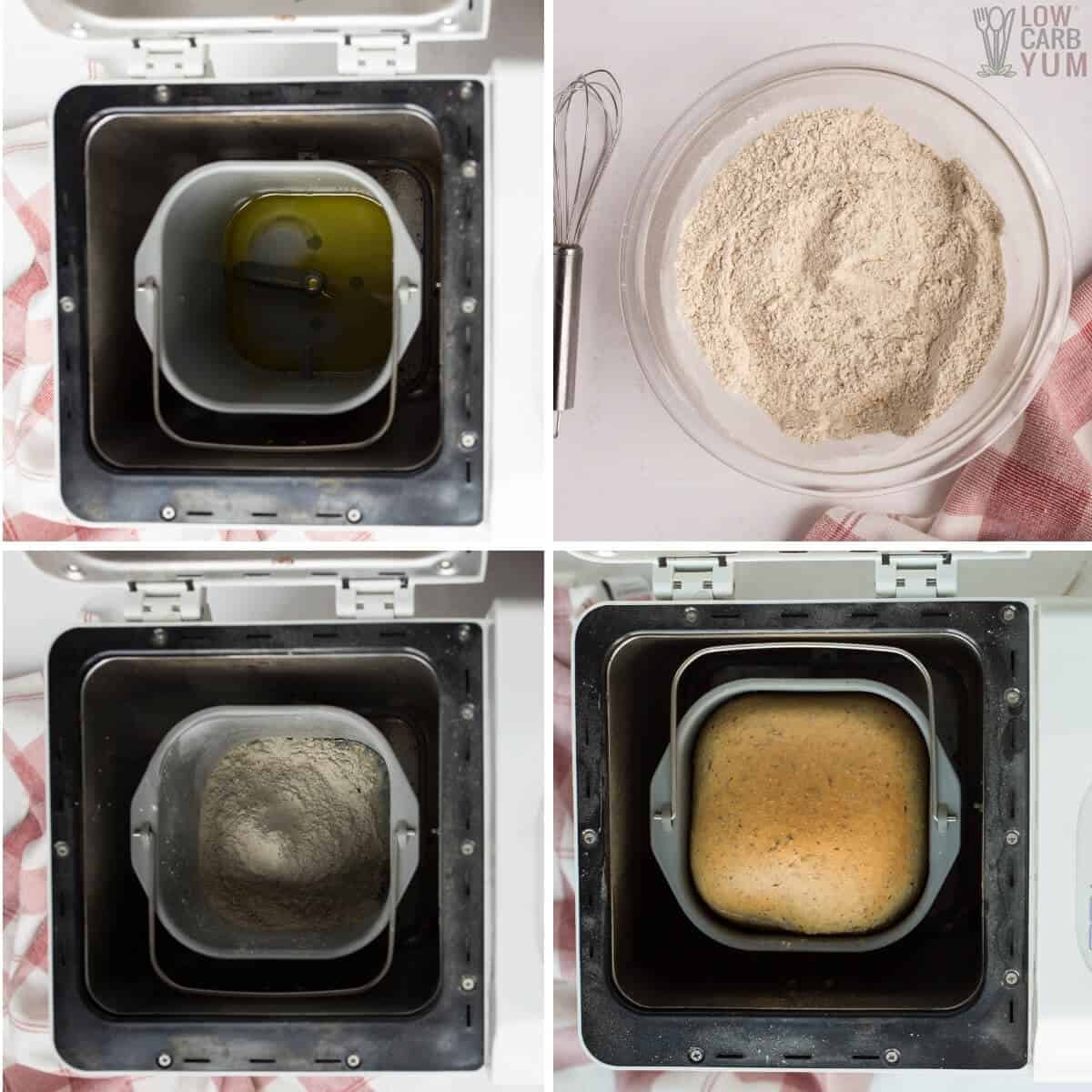 keto bread machine recipe steps collage