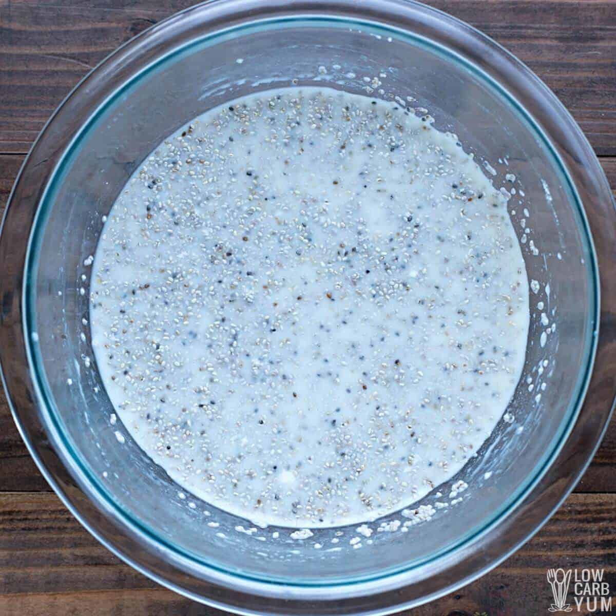 blended ingredients in glass mixing bowl