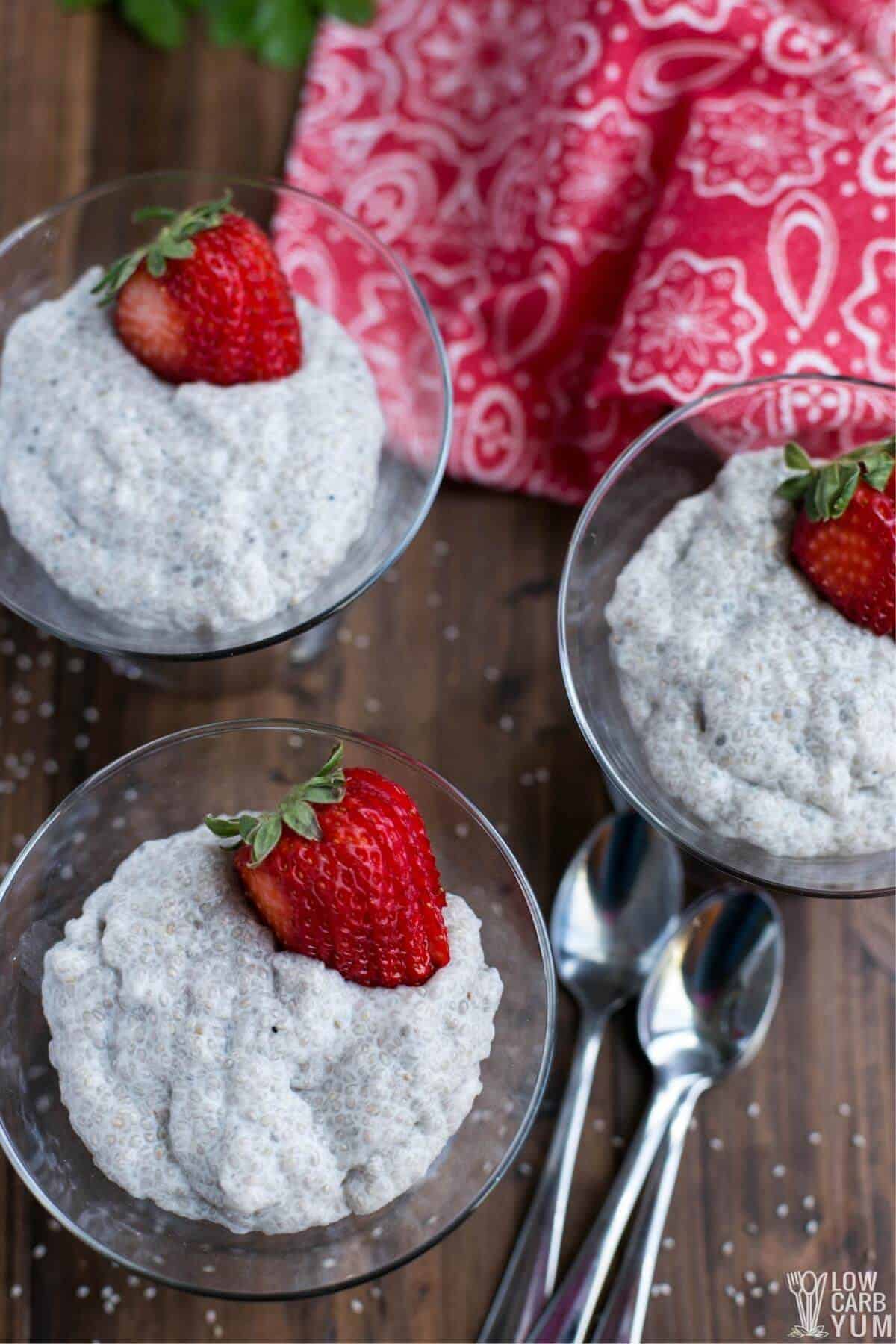 vanilla chia seed pudding with strawberries on top