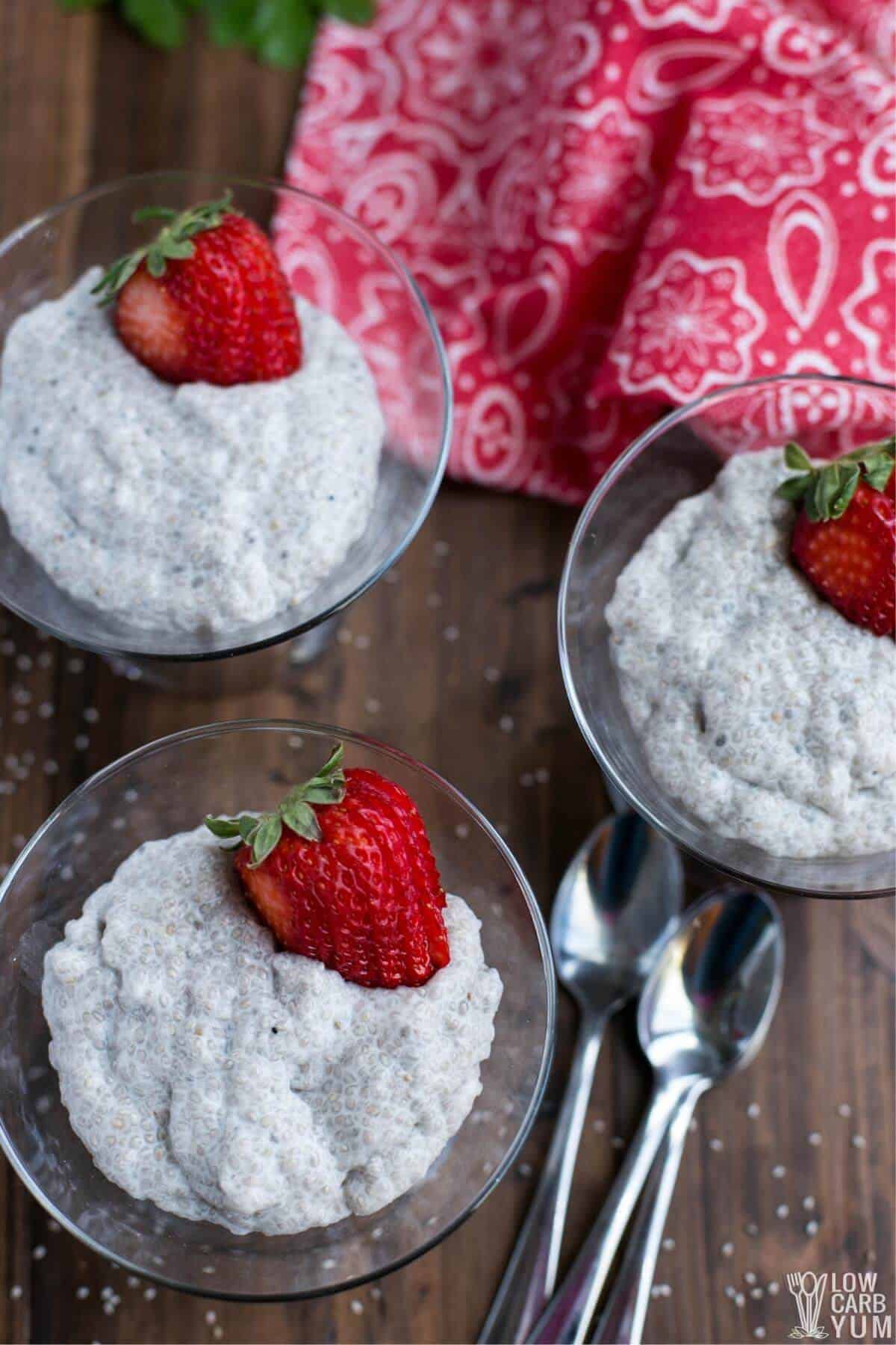 overhead of chia seed pudding in glass dishes