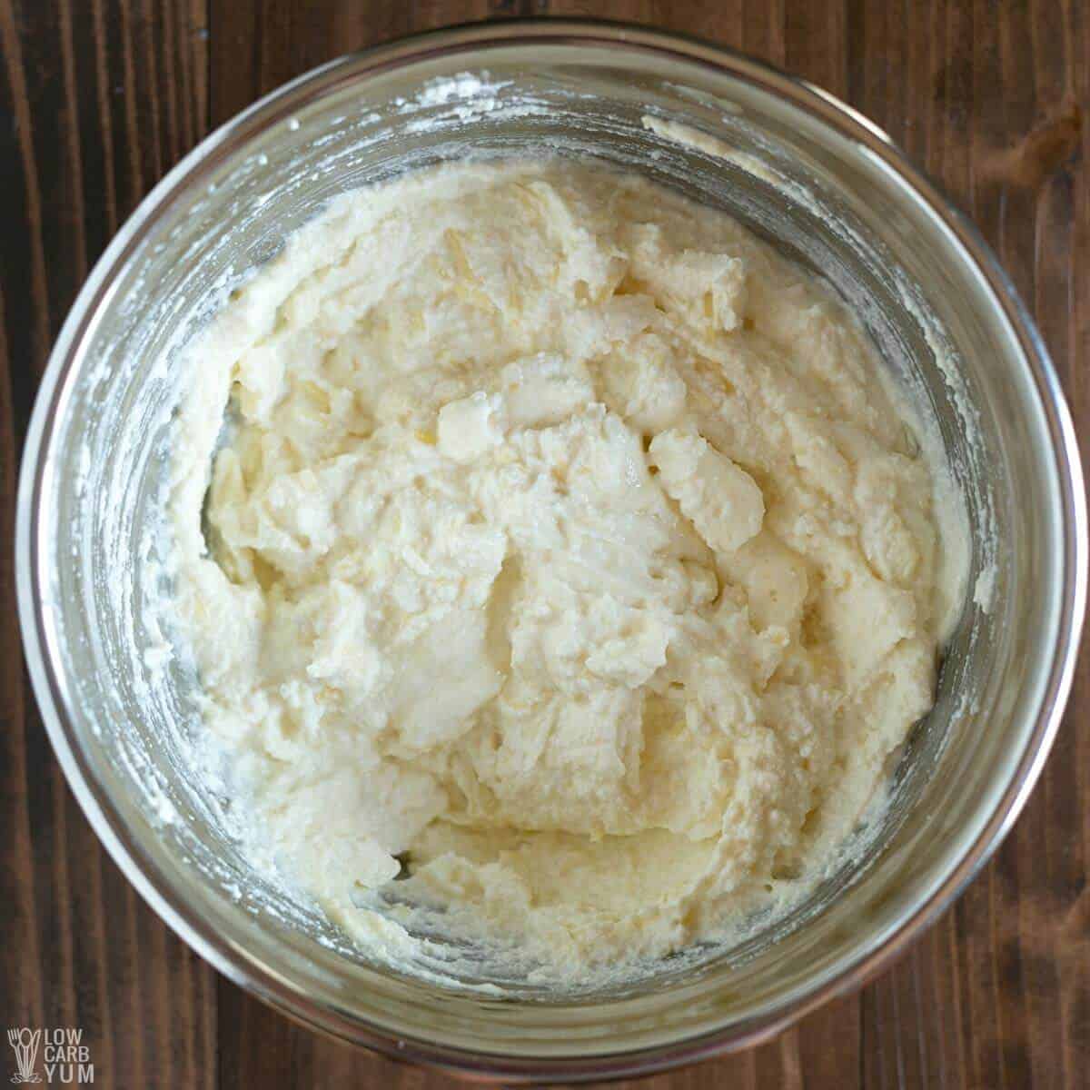 cheese mixture in metal mixing bowl