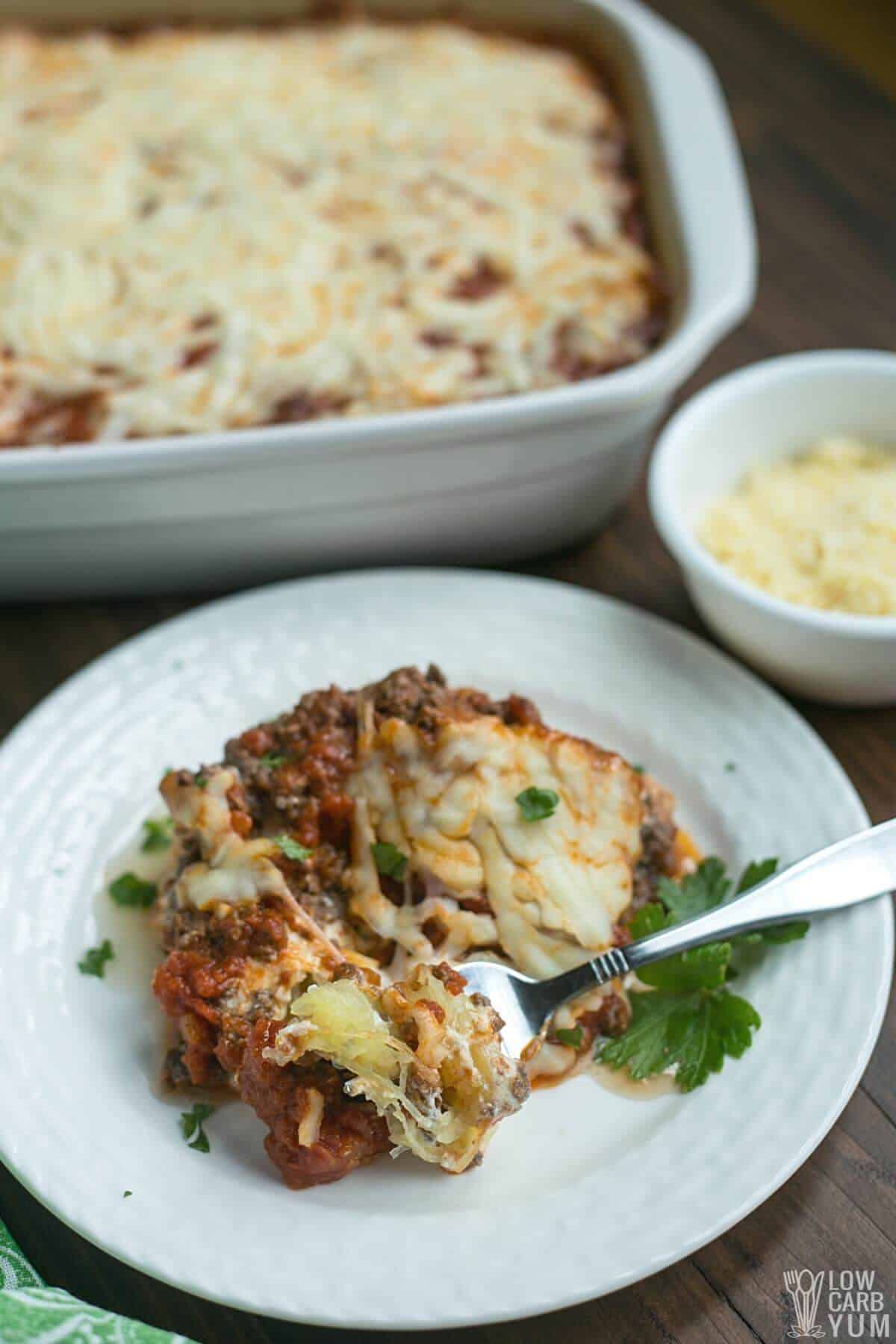 spaghetti squash lasagna served on plate with fork