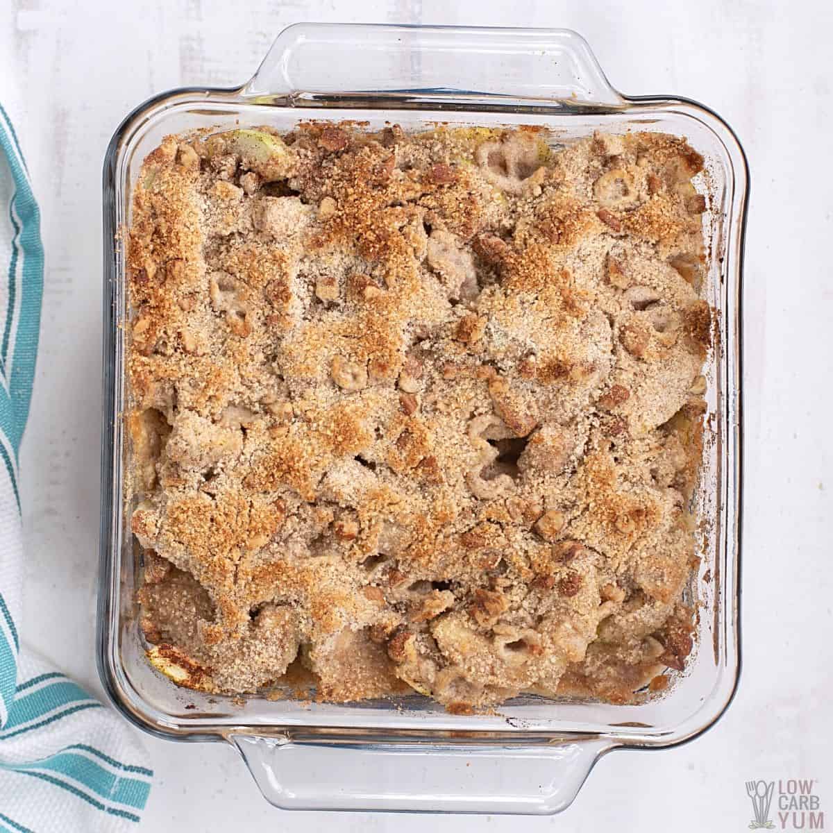 baked keto apple crisp in pan.