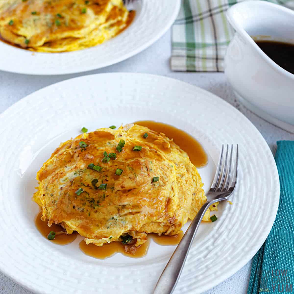 chicken egg foo young on white plate