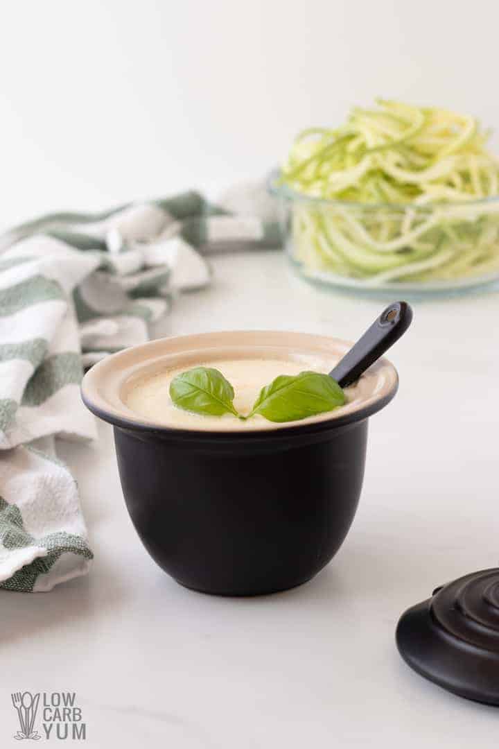 keto alfredo sauce in small crock