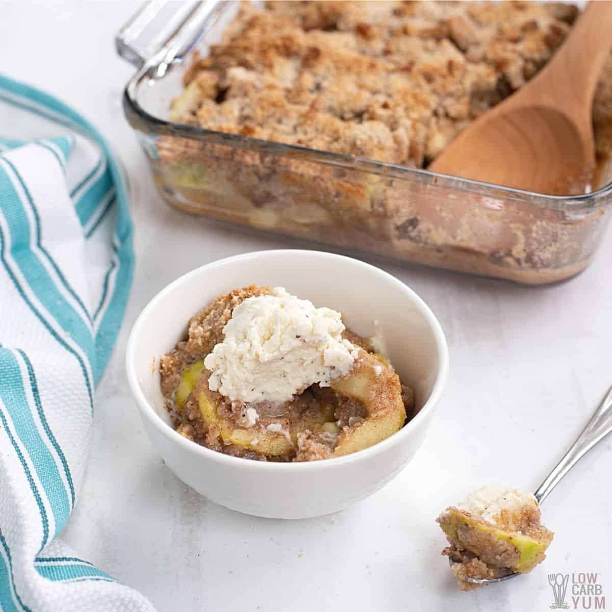 keto apple crisp with fork bite.