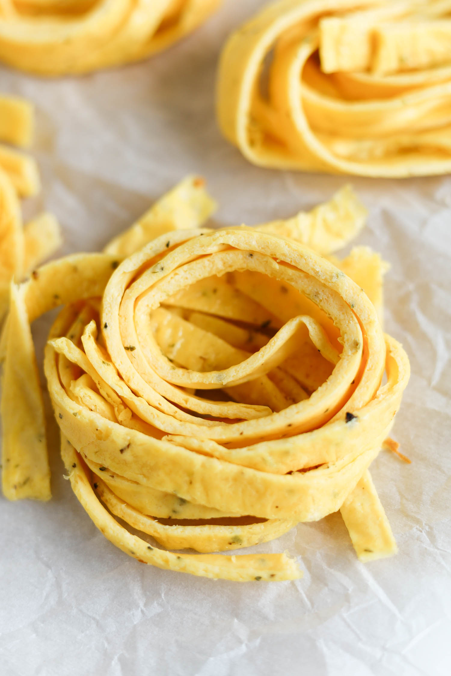 close up of keto egg pasta 