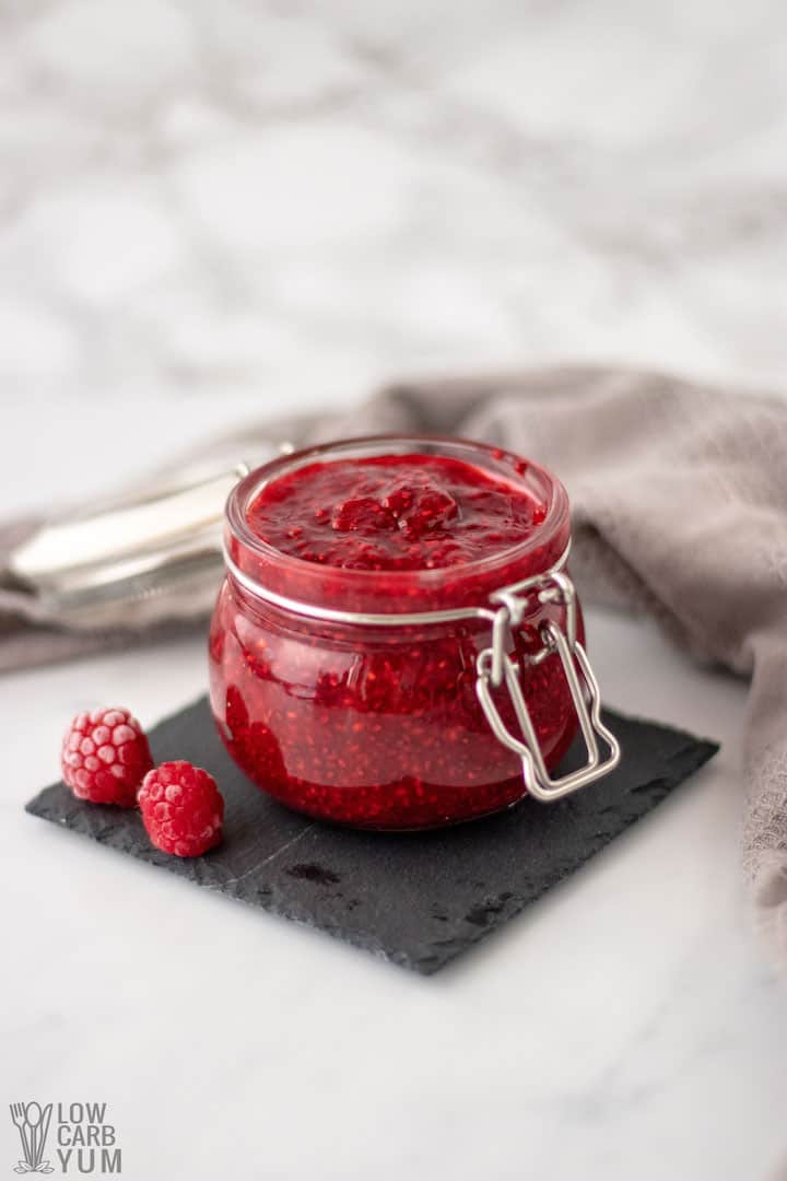 homemade keto raspberry jam in jar
