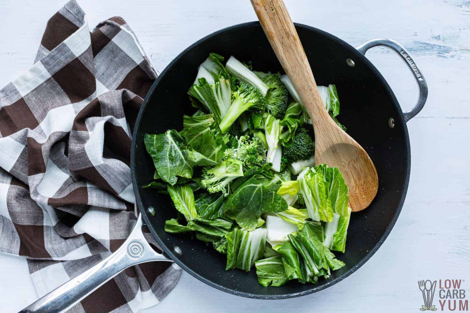 broccoli and bok choy in pan