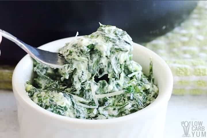 keto creamed spinach on fork