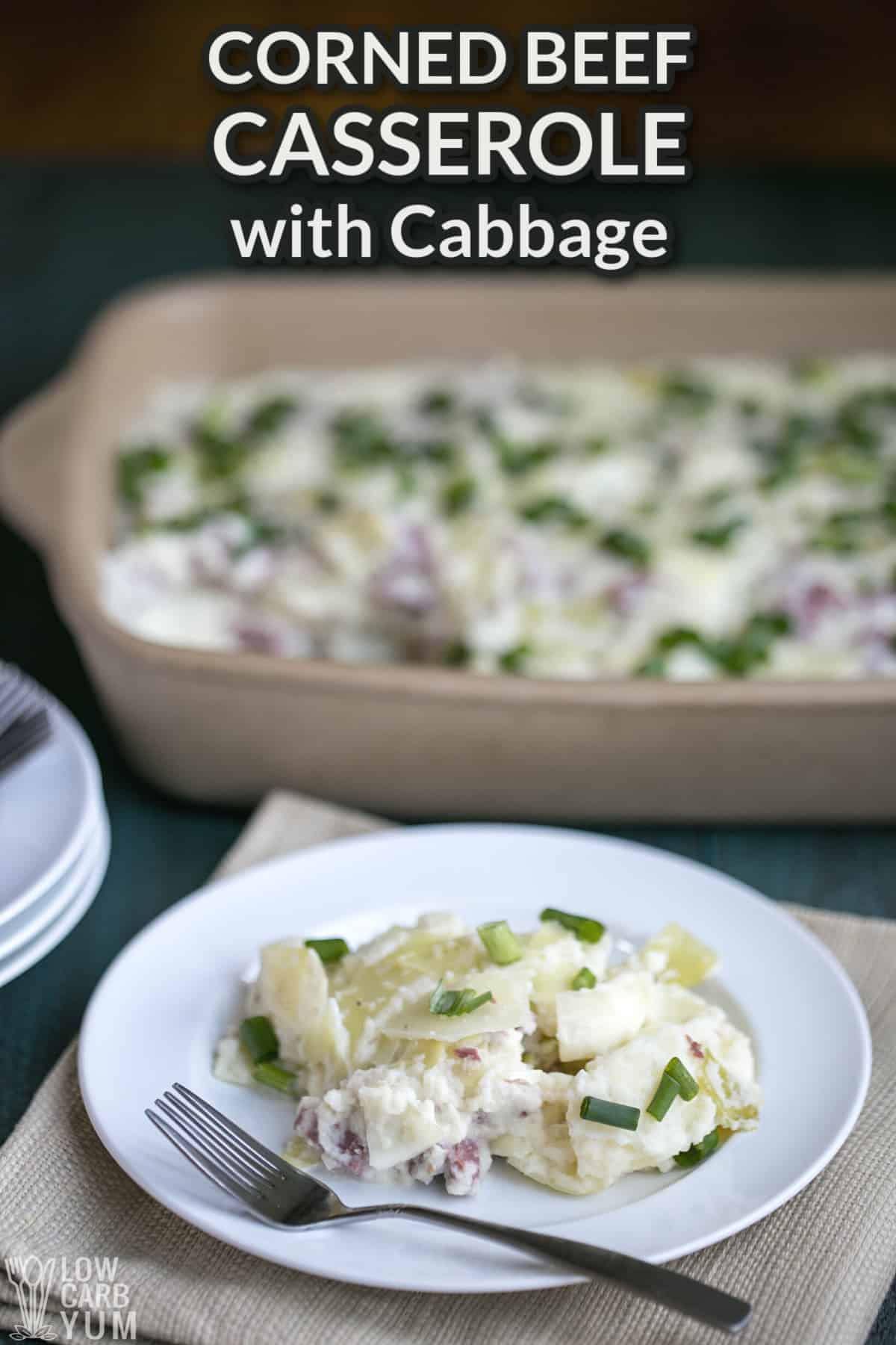 cabbage and corned beef casserole with text overlay
