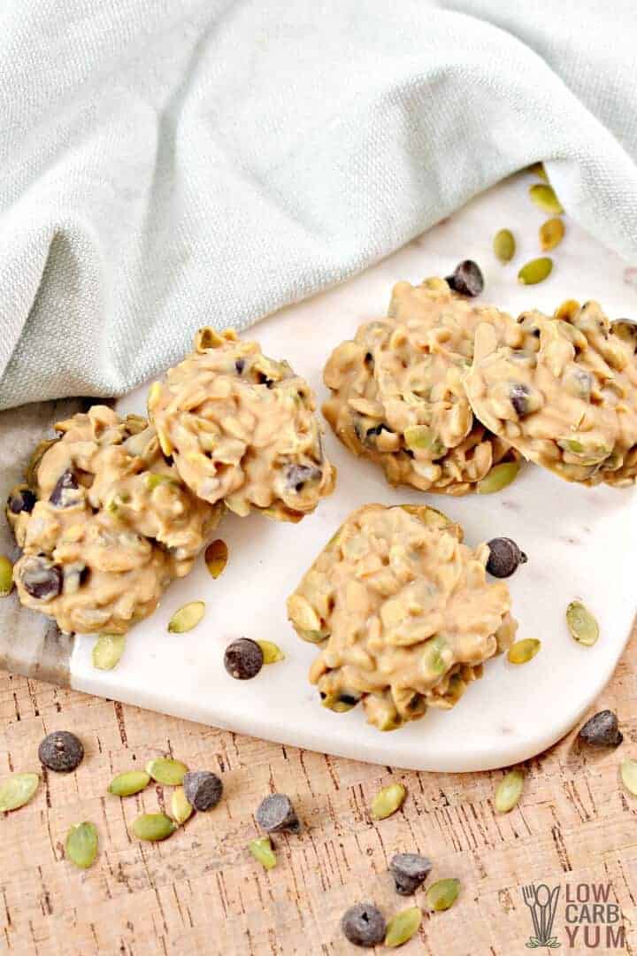 keto no bake cookies on cutting board with cloth napkin