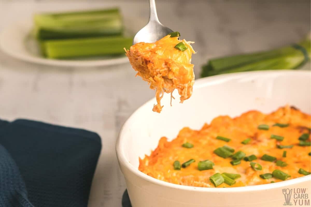 spoon of keto buffalo chicken dip recipe made in oven