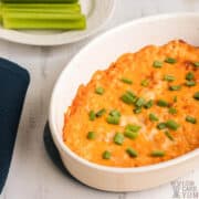 keto buffalo chicken dip in baking dish