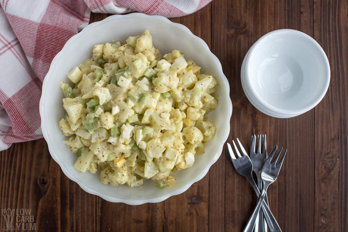 cauliflower salad keto recipe in bowl