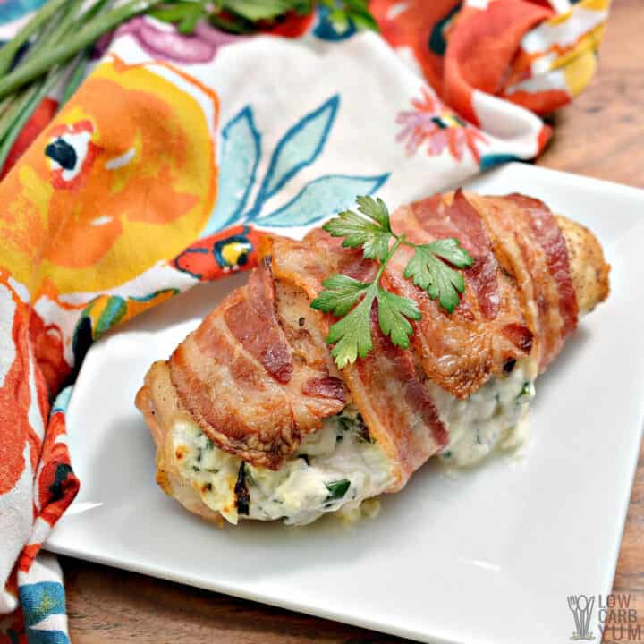 Keto Bacon-Wrapped Cream Cheese Stuffed Chicken - Low Carb Yum