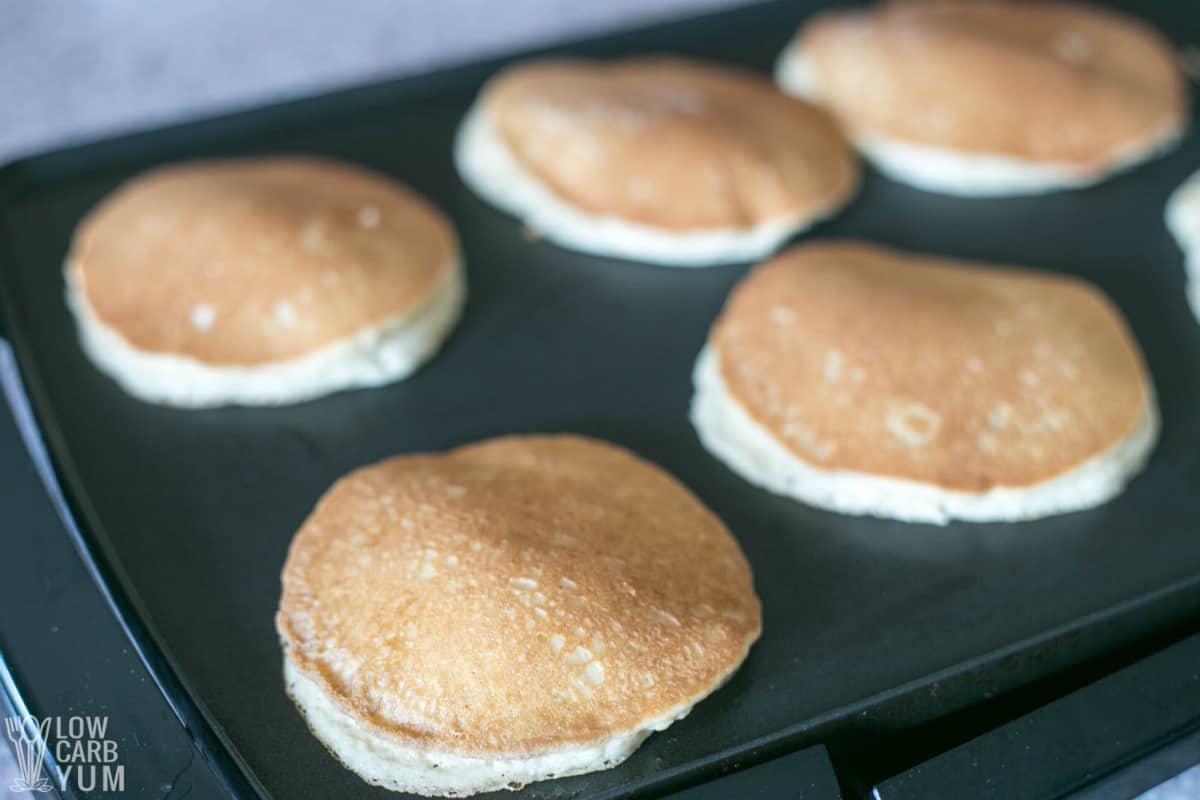 keto almond flour pancakes on griddle