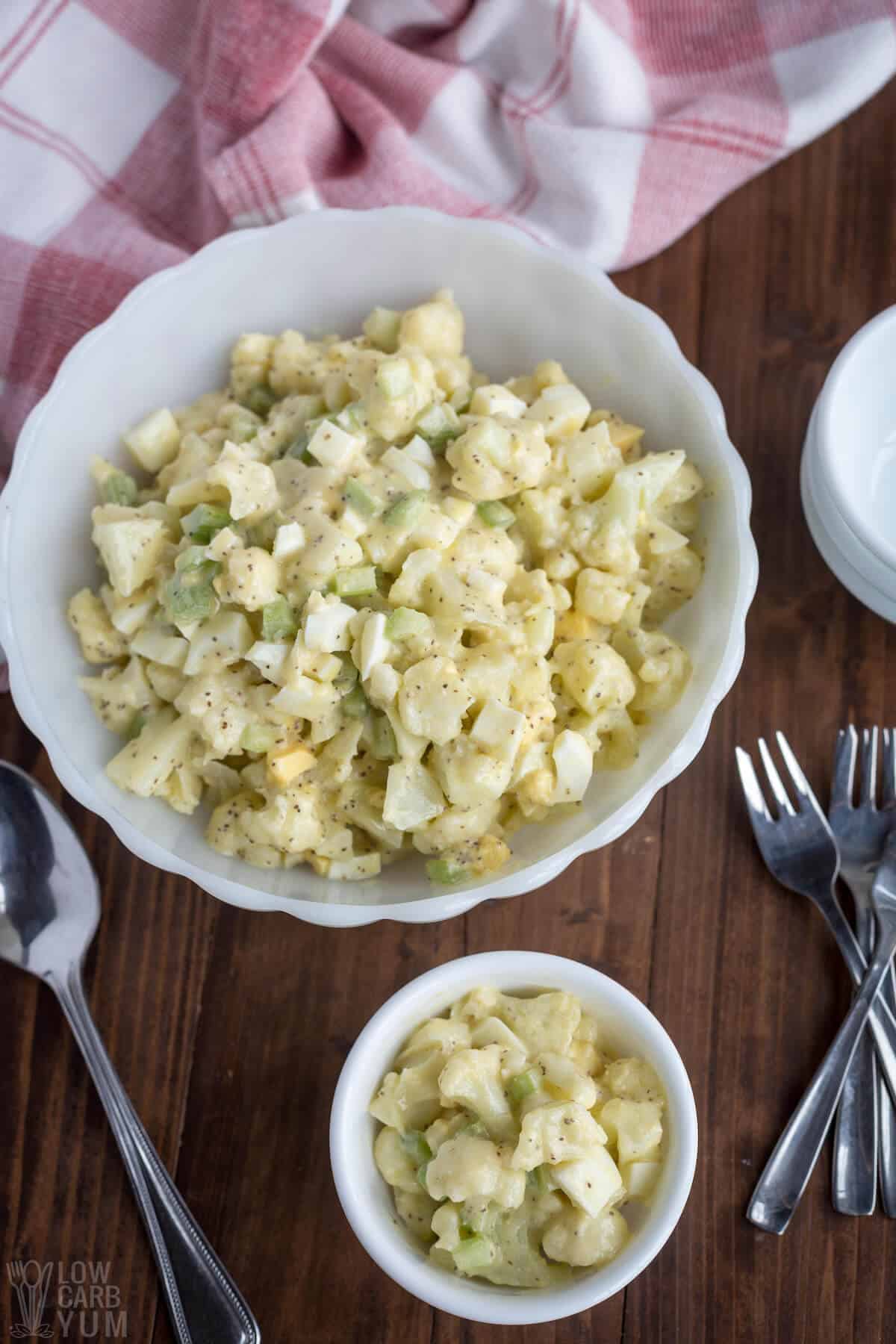 A mock low carb potato salad is the perfect summer dish for a potluck. This keto cauliflower salad has the taste you love without the carbs.