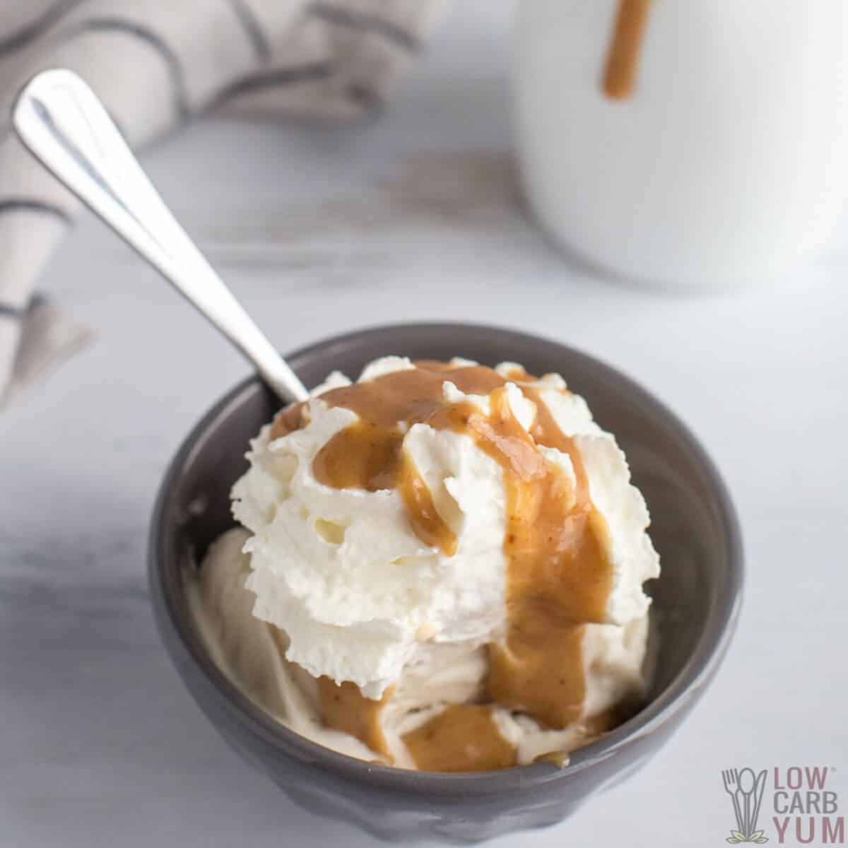 peanut butter sauce over ice cream with whipped cream.