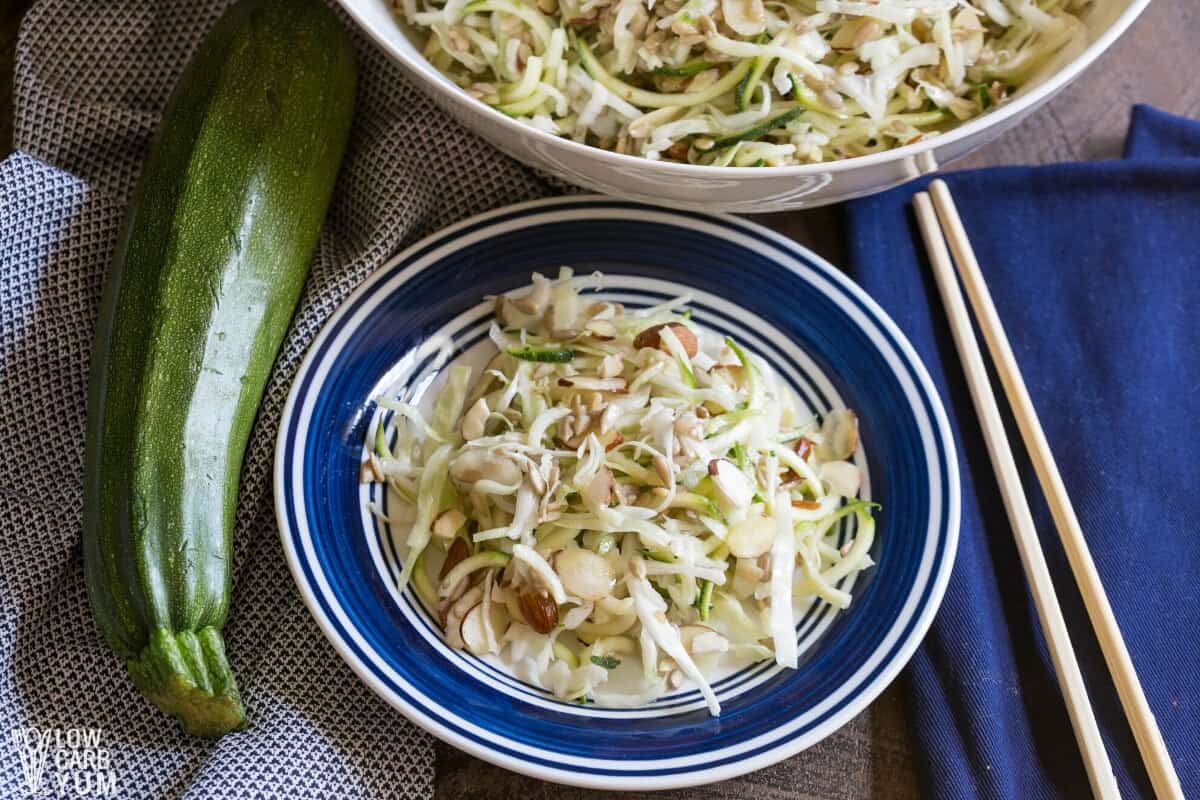 asian zucchini noodle salad on small plate