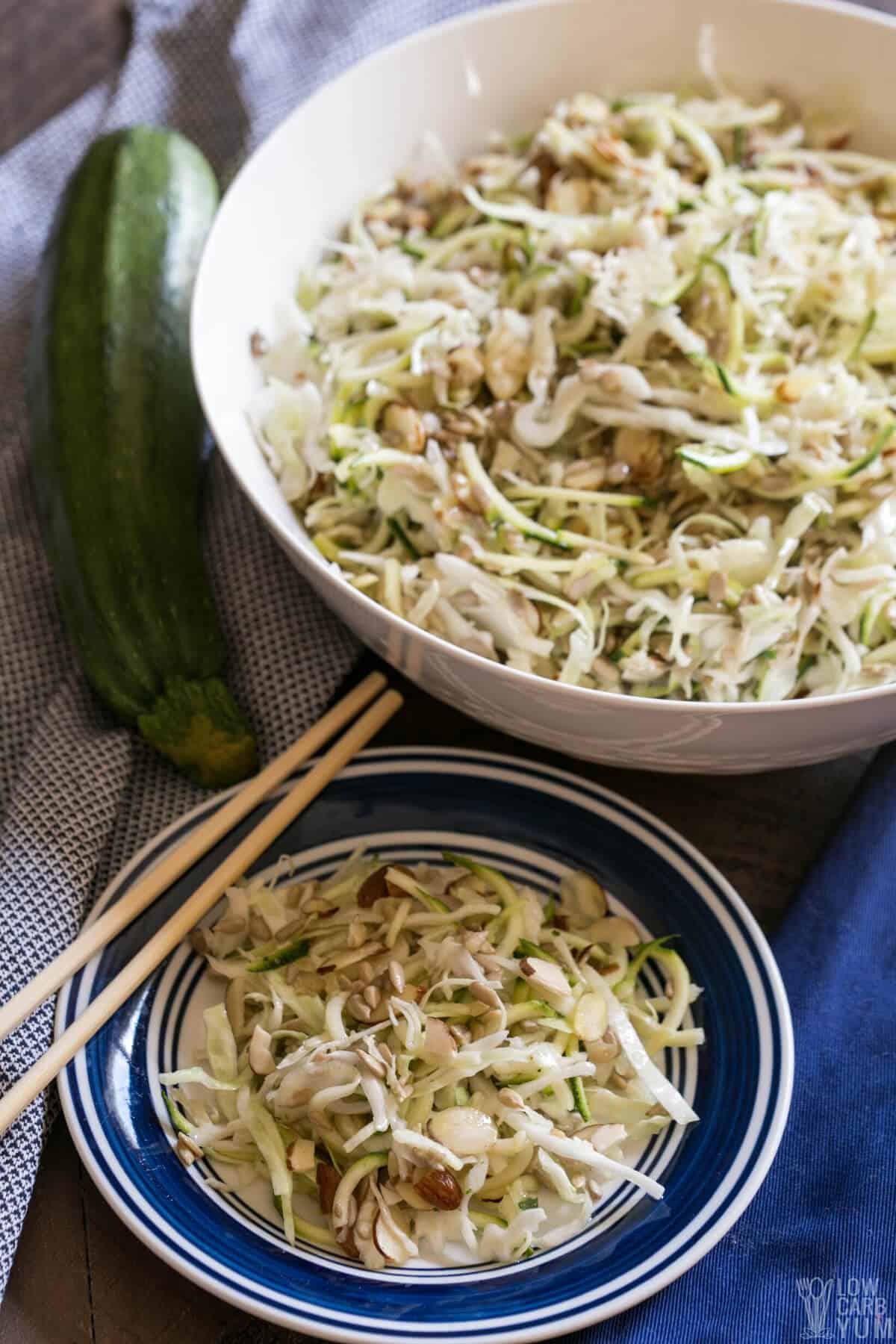 serving the keto asian spiralized zucchini salad