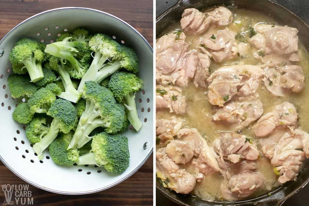 prepping broccoli and chicken with lemon sauce