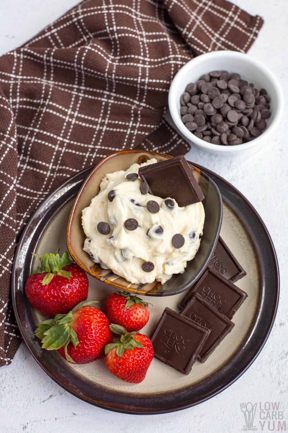 chocolate chip cream cheese dip with strawberries