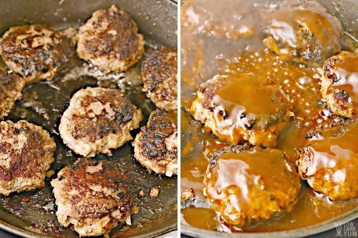 cooking Japanese hamburger steak in a tall frying pan.