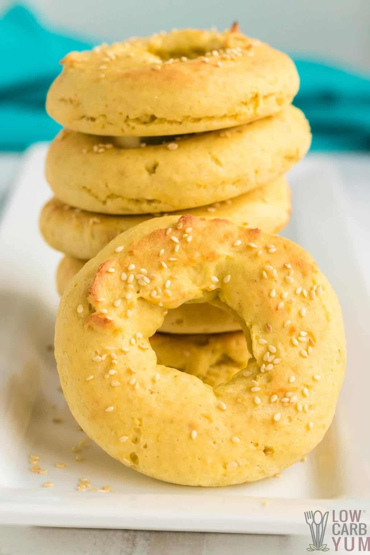 stack of bagels with one in front