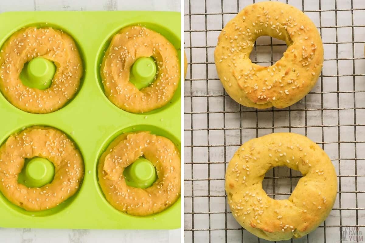 bagel batter in donut mold and baked bagels on cooling rack