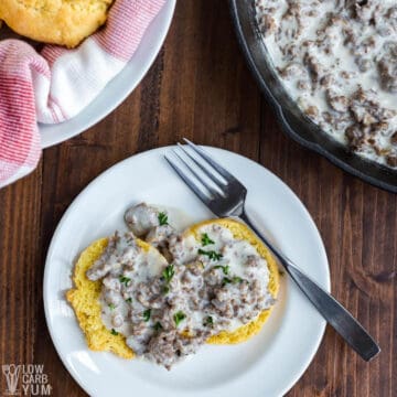 keto biscuits and gravy on plate with fork