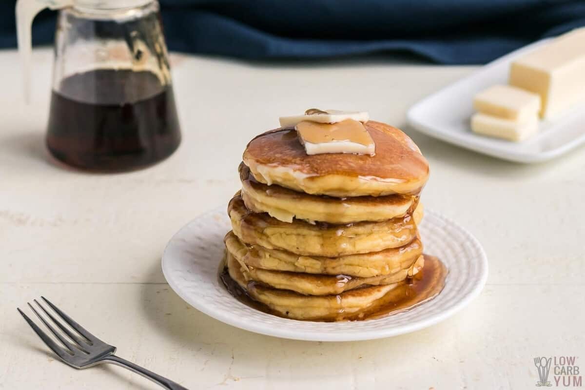 keto buttermilk pancakes stack with butter and syrup