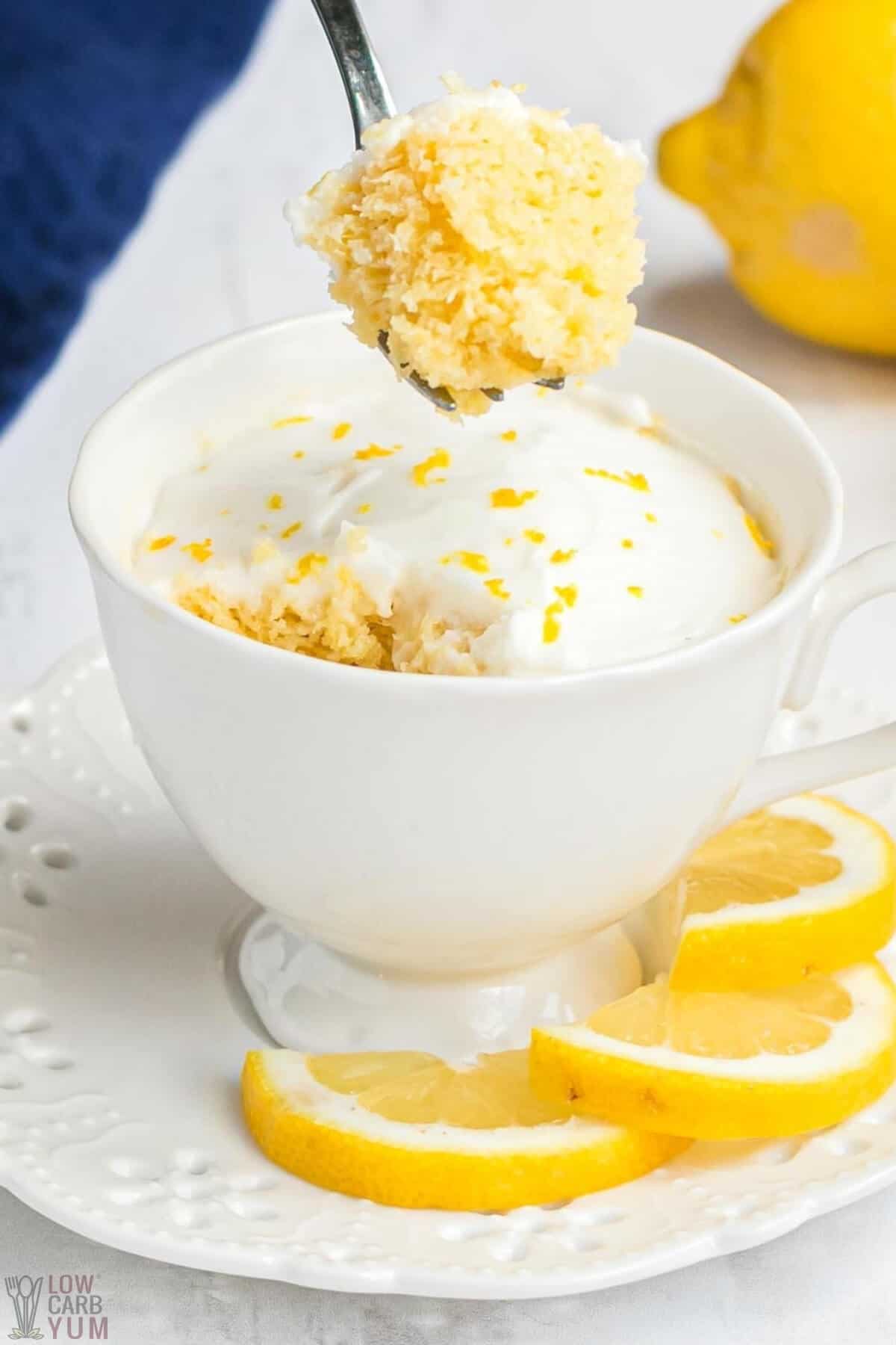 fork bite of lemon gluten free mug cake
